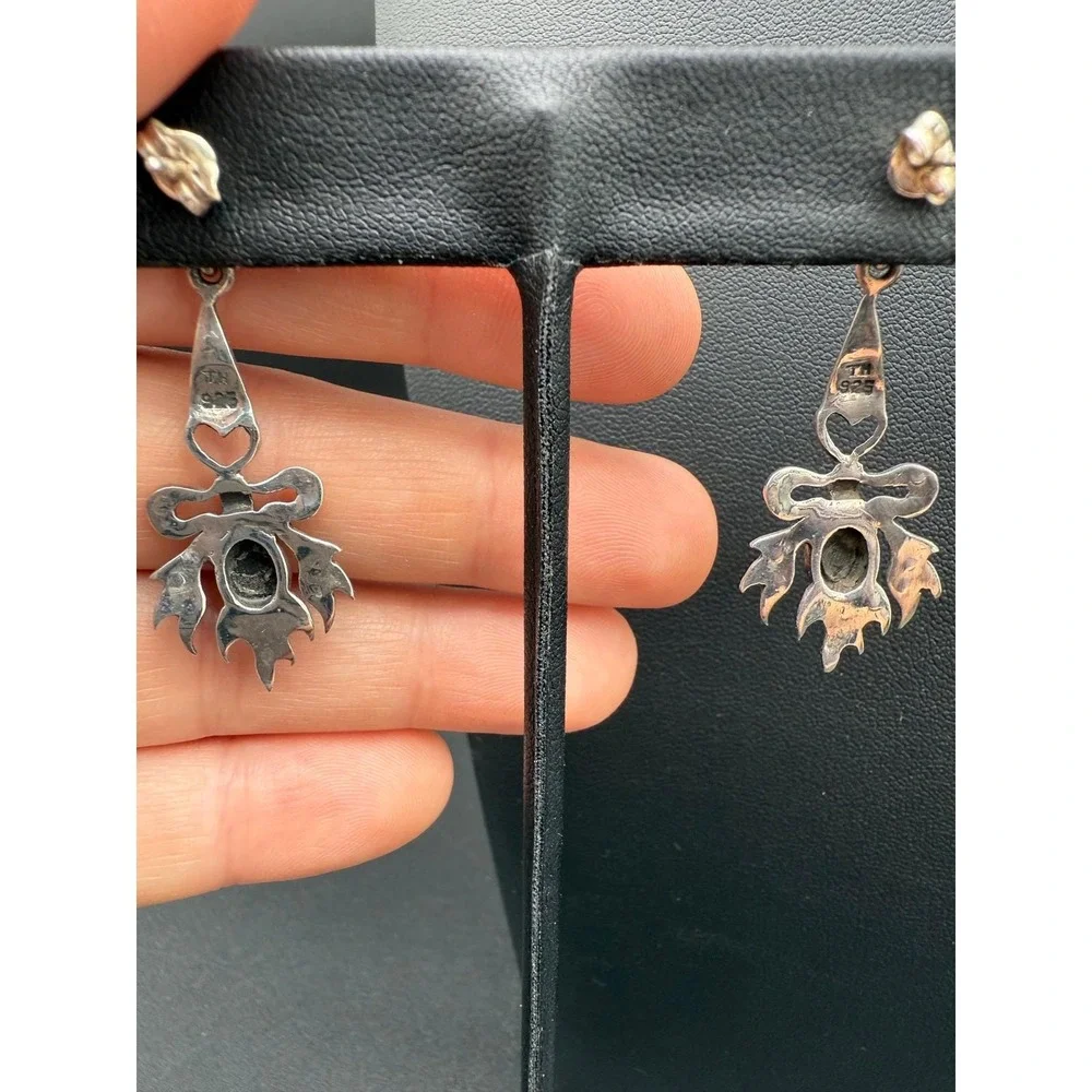 Sterling Silver Marcasite Bow Earrings Black Onyx Cabochon Heart Dangles Vintage